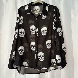Sheer Black Graphic Skull Print Long-Sleeve Button Goth Metal Blouse